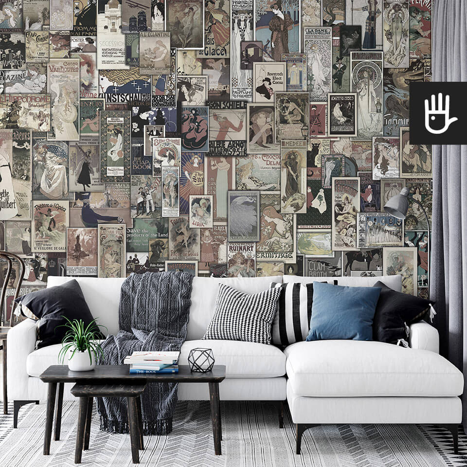 Widok wnętrza salonu z fototapetą belle epoque w stylu retro