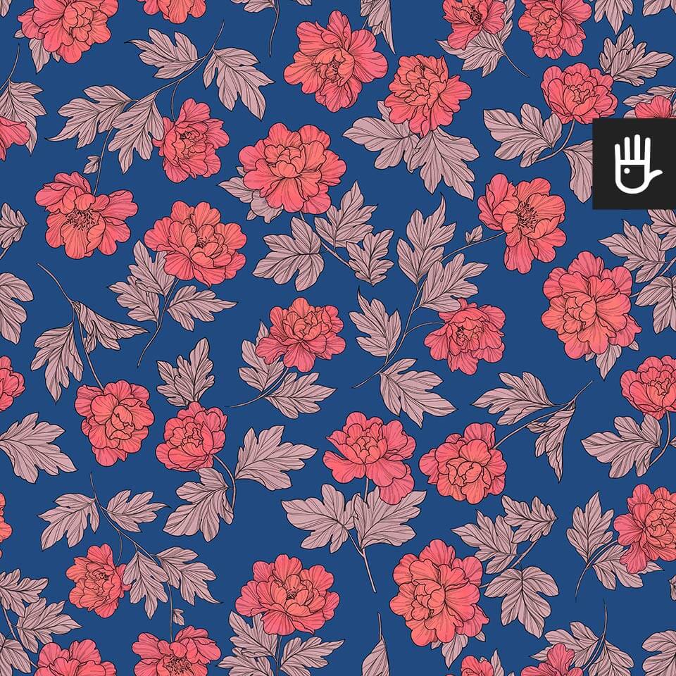 wzór tapeta piwonie w stylu retro na niebieskim tle