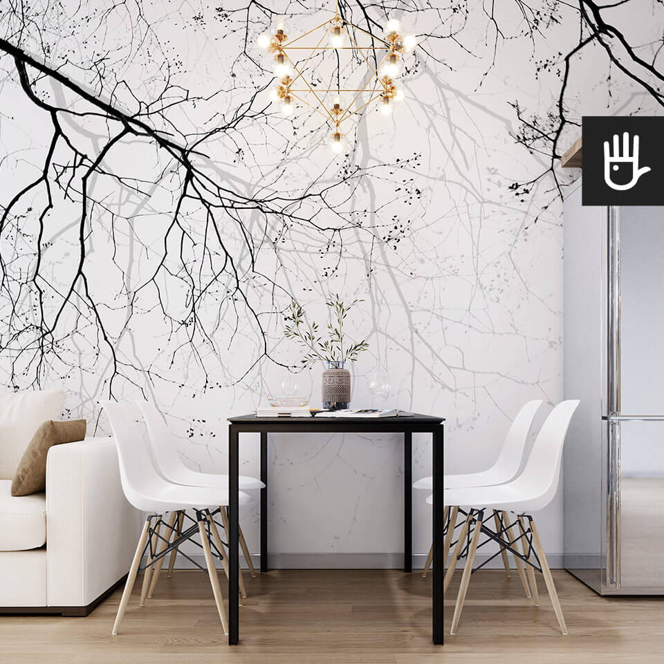 stylowa Jadalnia w salonie z białą tapetą ścienną w stylu las we mgle