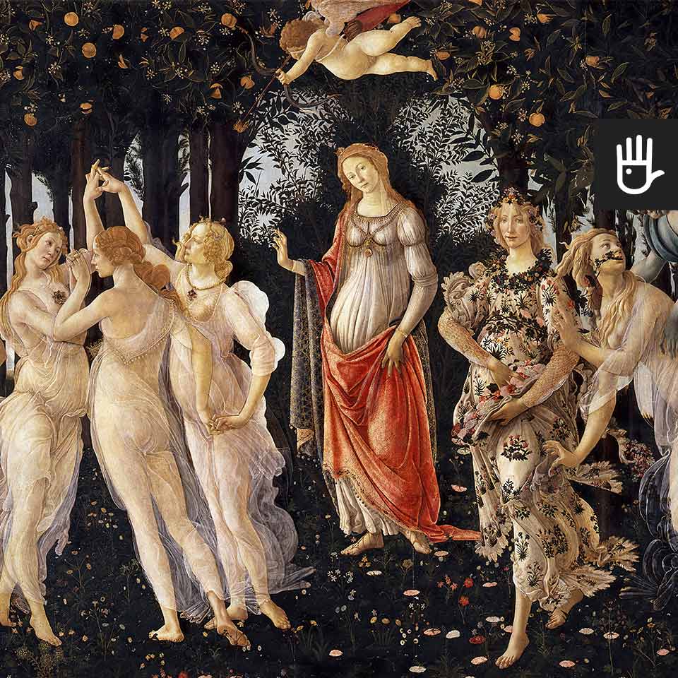 Fototapeta Primavera jest reprodukcją obrazu "wiosna" włoskiego malarza doby renesansu Sandro Botticellego.