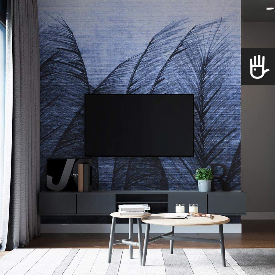 Fototapeta trawa pampasowa niebieska na ścianie telewizyjnej w nowoczesnym salonie w stylu loft
