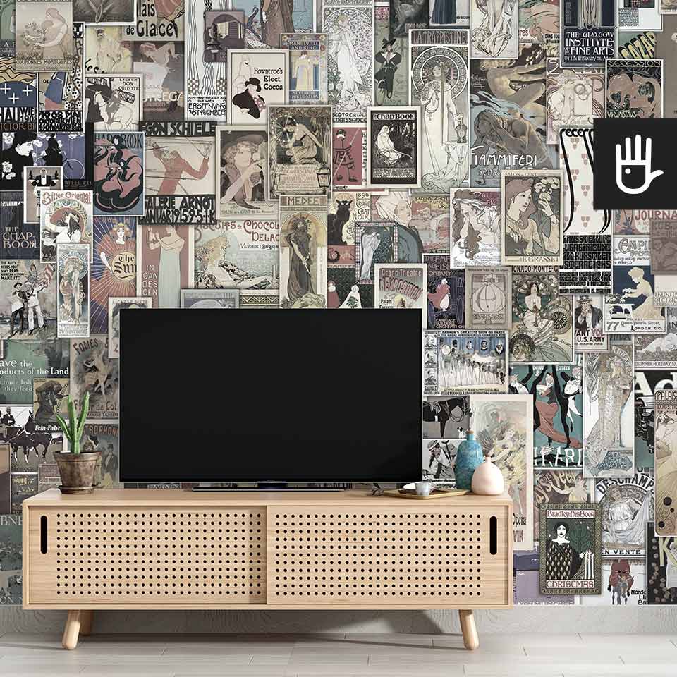 Fototapeta Belle Epoque w kolorach retro na ścianie tv w salonie w stylu boho