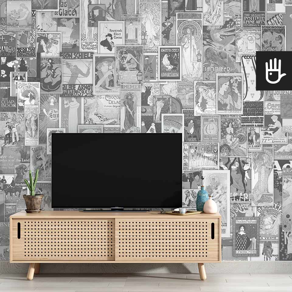 Fototapeta Belle Epoque w szarości na ścianie tv w salonie w stylu boho