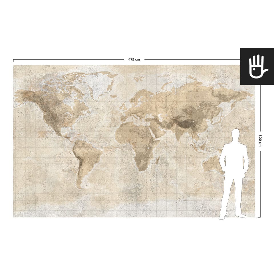 Orientacyjny podgląd wymiarów fototapety mapa świata dla pokazania skali wzoru względem wysokości dorosłego człowieka.