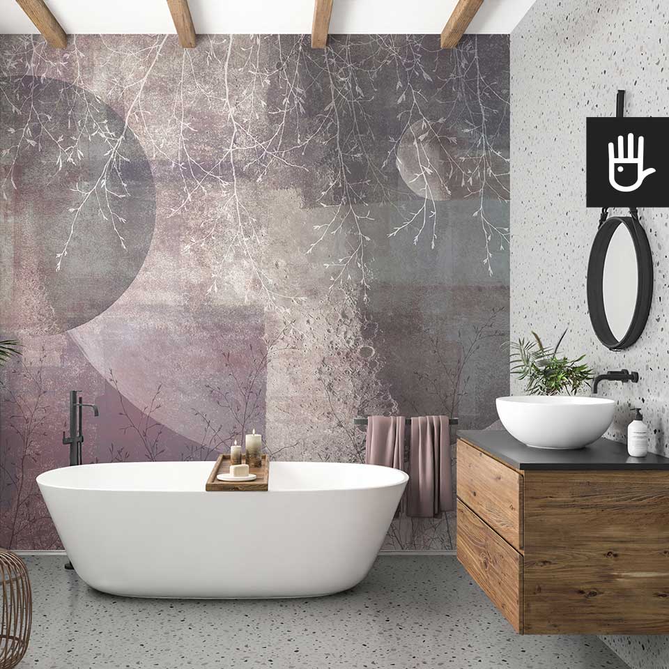 Fototapeta Czerwony księżyc na ścianie za wanną wolnostojącą w nowoczesnej łazience.