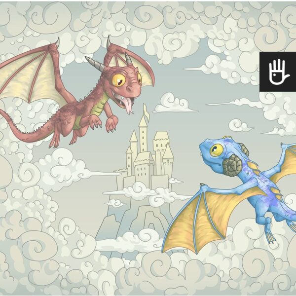 Fototapeta Smoki w jasnych kolorach z baśniową ilustracją z przyjaznymi, latającymi smokami na tle chmur i zamku księżniczki w pastelowych barwach.