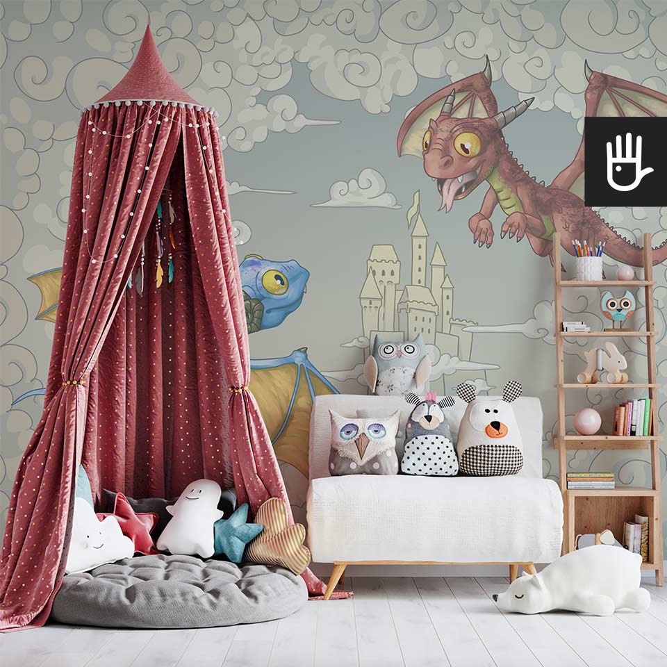 Fototapeta Smoki z baśniową ilustracją i zamkiem księżniczki w pastelowych kolorach na ścianie pokoju dziecięcego z różowym baldachimem dziewczynki i z przyjaznymi zabawkami.