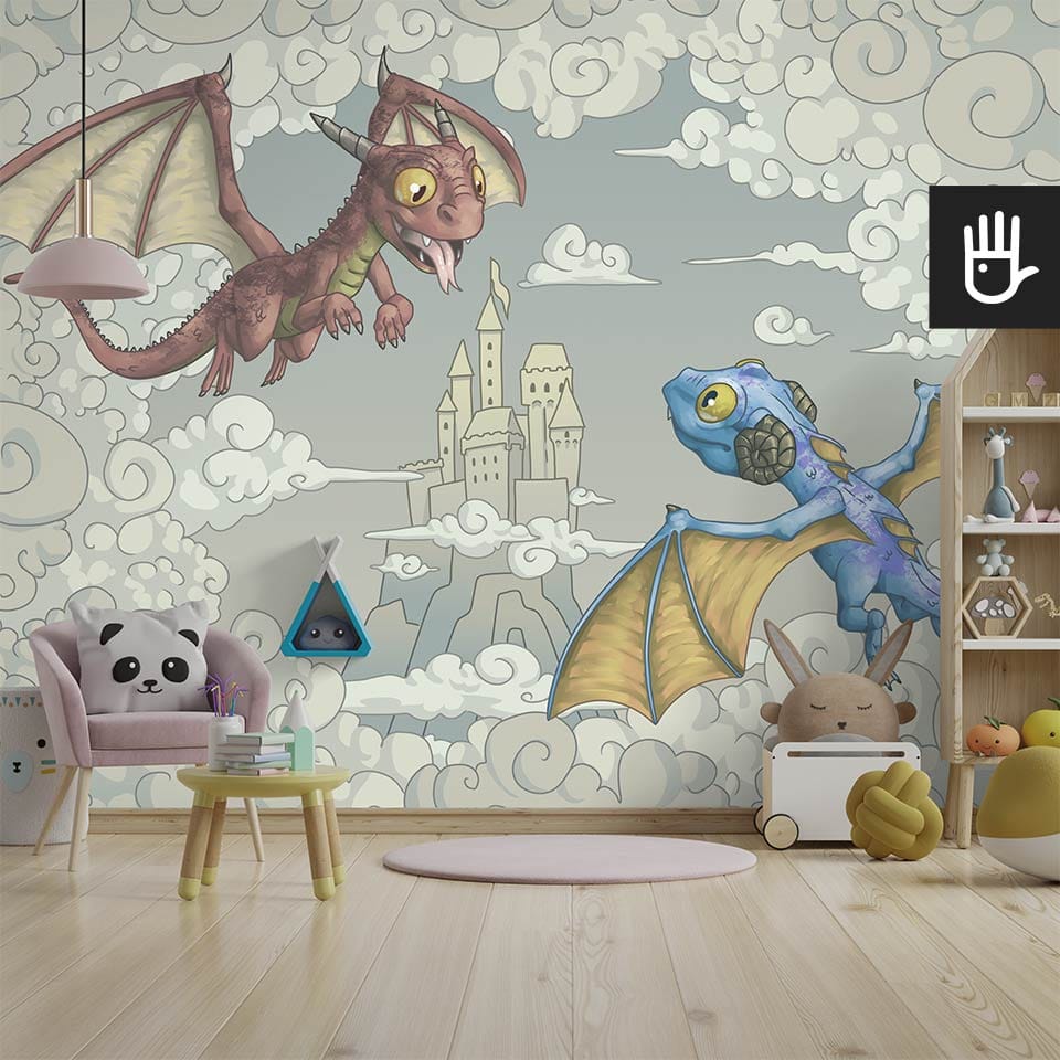 Ścienna tapeta z motywem smoków w pokoju dziecięcym w pastelowych kolorach