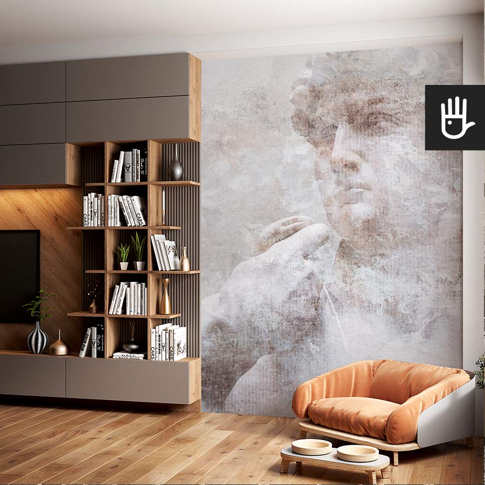 Nowoczesny salon z zabudową ściany telewizyjnej z półkami na książki oraz dekoracją ścienną, którą jest fototapet Dawid z rzeźbą dłuta Michała Anioła w delikatnych kolorach szarości i beżu.