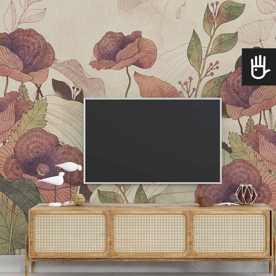 Drewniana szafka RTV z dekoracyjnymi wazonami i telewizorem na tle fototapety maki