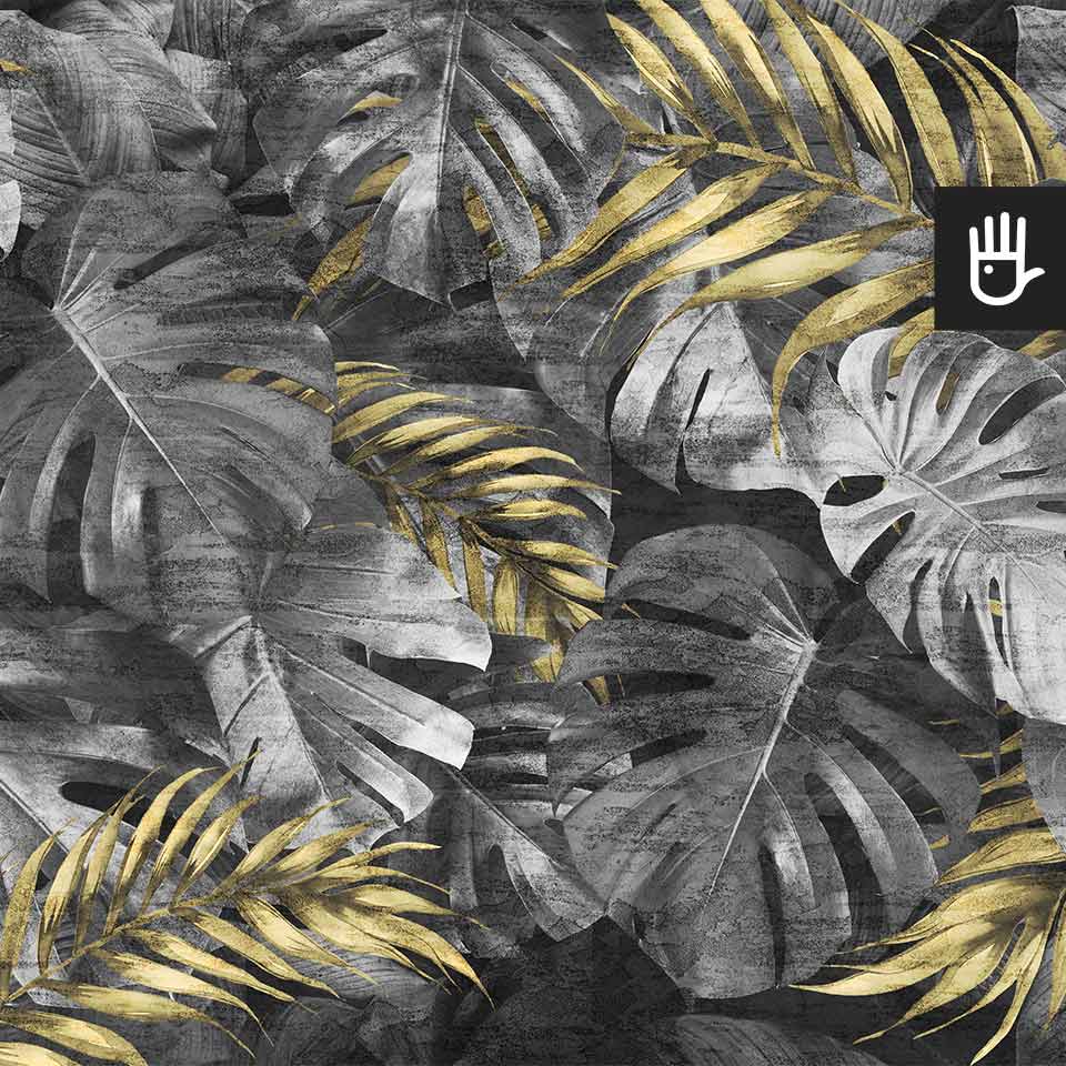 Fototapeta Monstera w Złocie z szarymi liśćmi monstery przeplatanymi złotymi liśćmi palmy