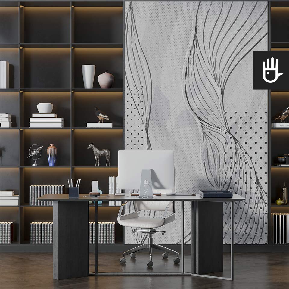 Nowoczesne biuro urządzone w ciemnym drewnie i czerni z dodatkiem fototapety Merkury