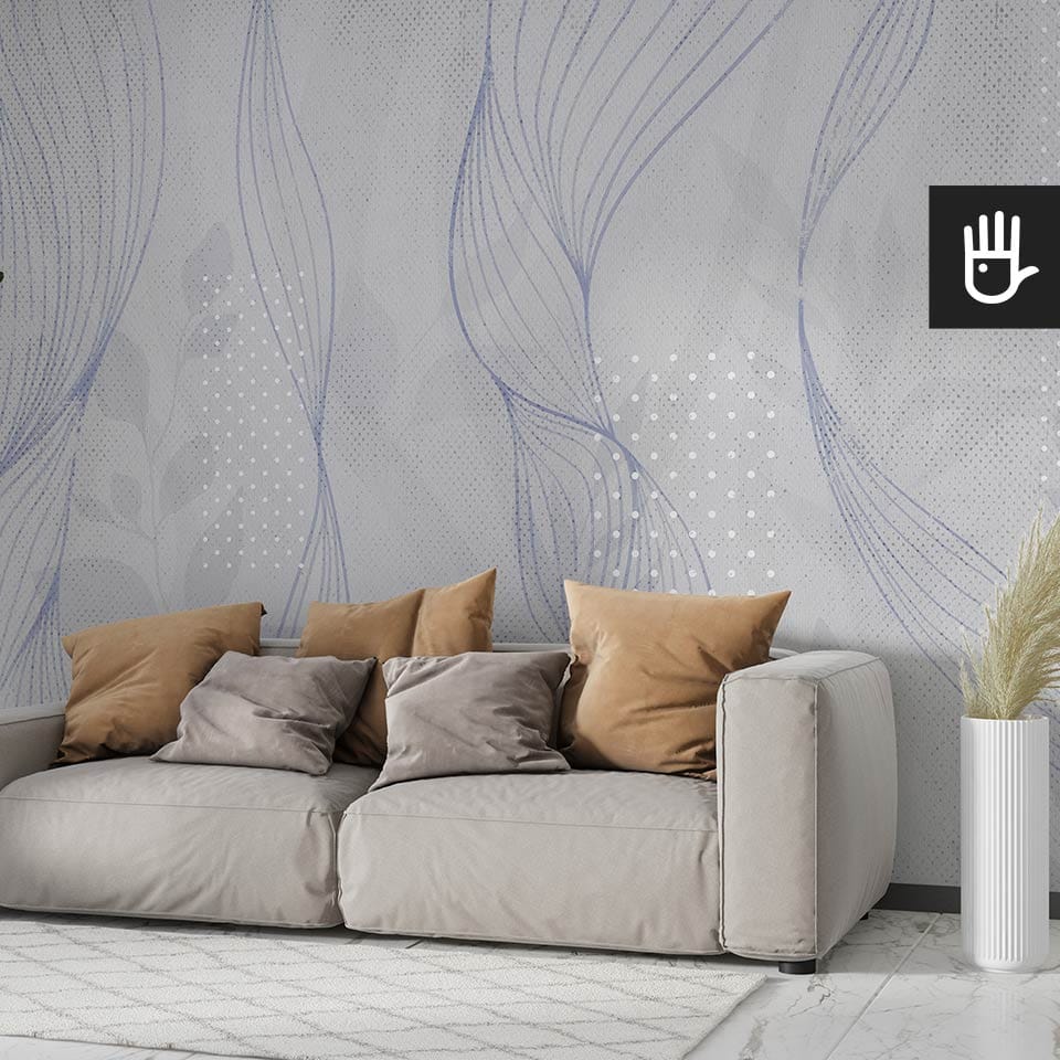Przytulny salon z beżową kanapą i żółtymi dodatkami na tle fototapety Uran