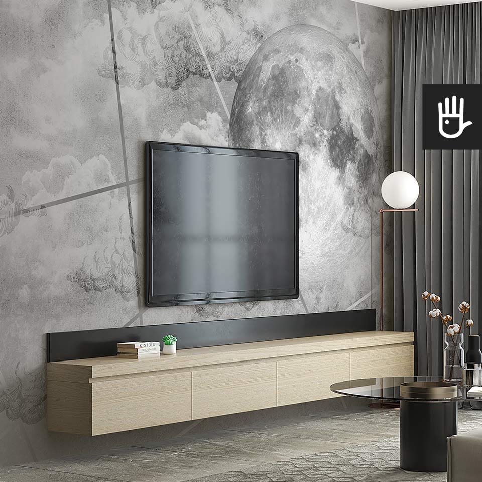 Nowoczesny salon z drewnianą szafką rtv i powieszonym telewizorem na tle fototapety luna