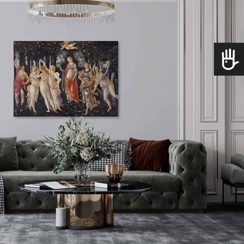 Elegancki salon z pikowaną kanapą w stylu glamour z obrazem primavera