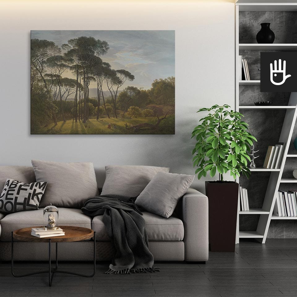 Przytulny salon z szarą kanapa i ozdobnym kwitkiem udekorowana obrazem włoski krajobraz