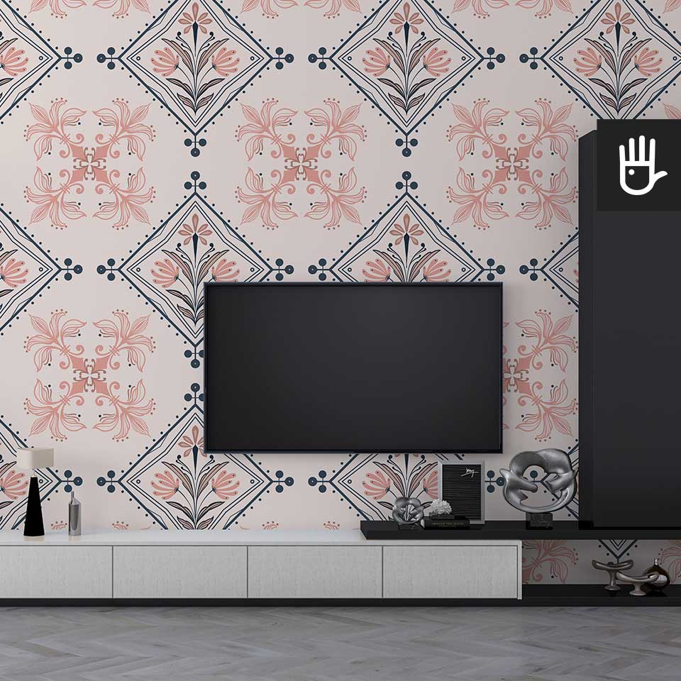 Nowoczesny salon z prostą szafką tv w bieli i czerni z minimalistycznymi dekoracjami, ozdobiony tapeta w geometryczne wzory na ścianie