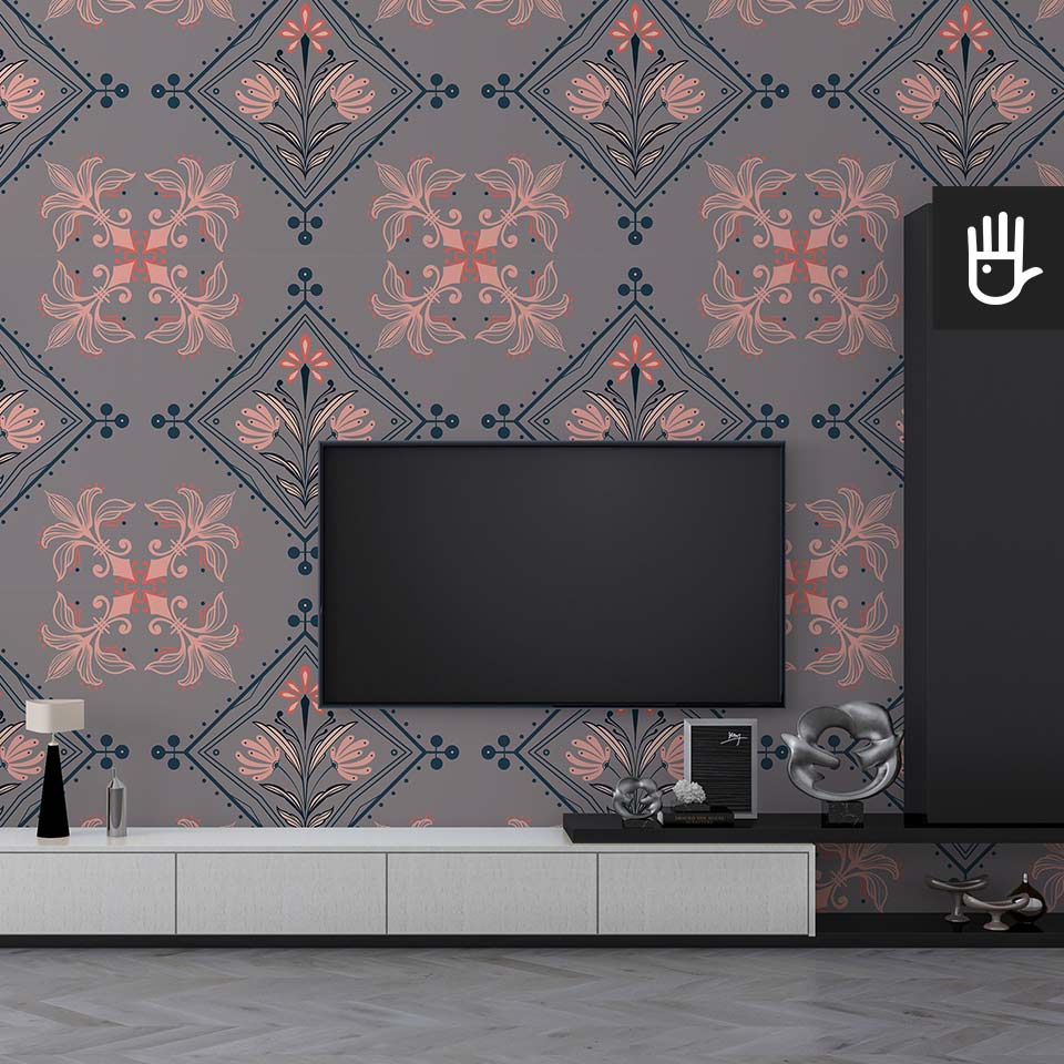 Nowoczesny salon z prostą szafką tv w bieli i czerni z minimalistycznymi dekoracjami, ozdobiony tapeta w geometryczne wzory na ścianie
