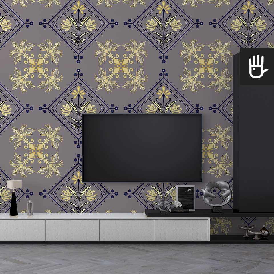 Nowoczesny salon z prostą szafką tv w bieli i czerni z minimalistycznymi dekoracjami, ozdobiony tapeta w geometryczne wzory na ścianie