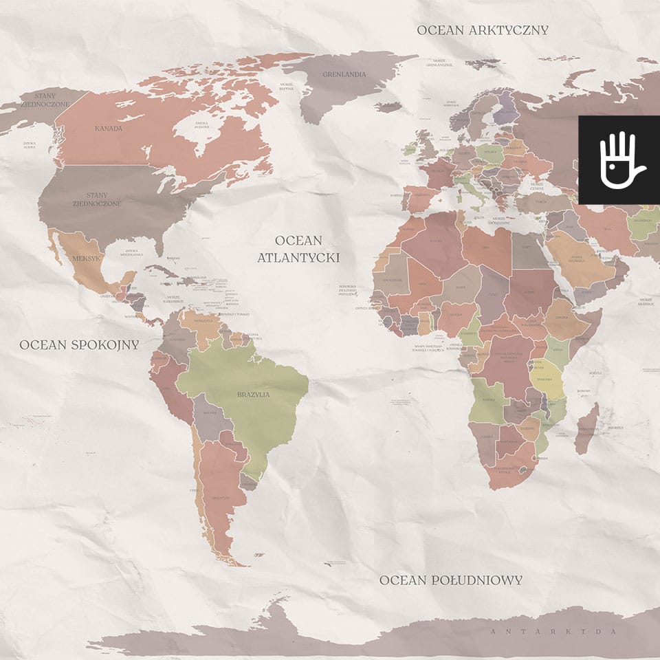 Fototapeta beżowa mapa świata z zaznaczonym podziałem administracyjnym oraz oceanami i morzami