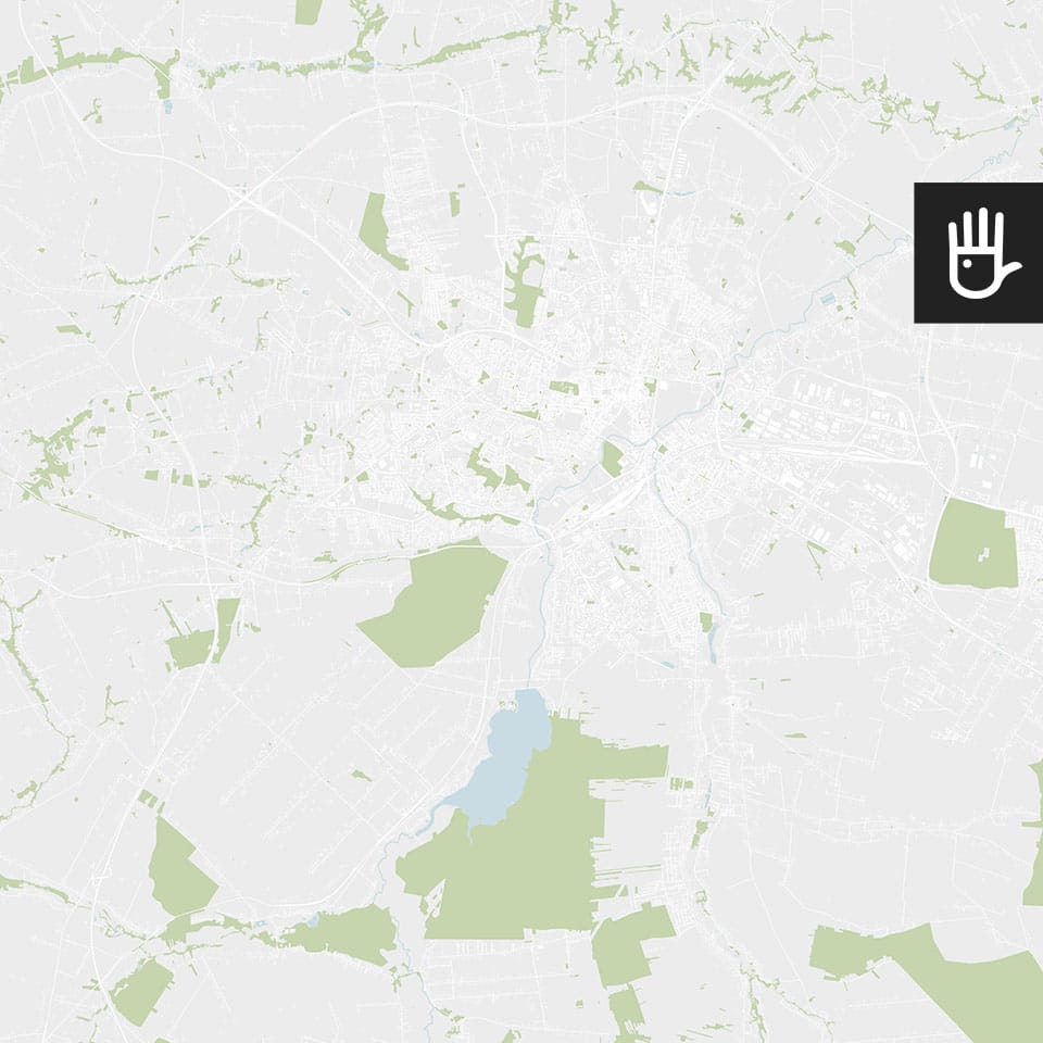 Fototapeta mapa lublina w kolorze z zaznaczonymi ulicami, budynkami, terenami zielonymi i zbiornikami wodnymi