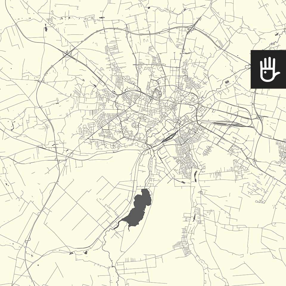 Fototapeta mapa lublina na beżowym tle z zaznaczonymi ulicami i zbiornikami wodnymi w kolorze grafitowym