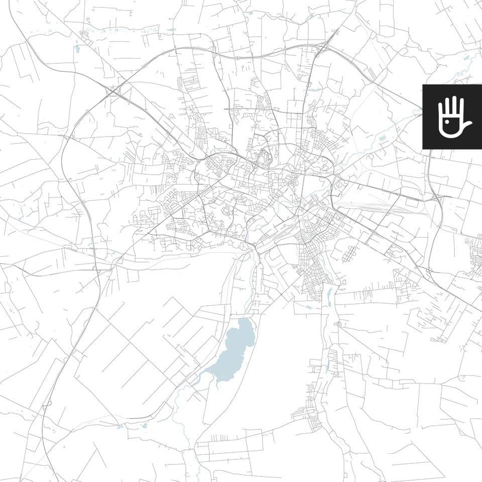 Fototapeta mapa lublina z zaznaczonymi czarnymi ulicami i niebieskimi zbiornikami wodnymi
