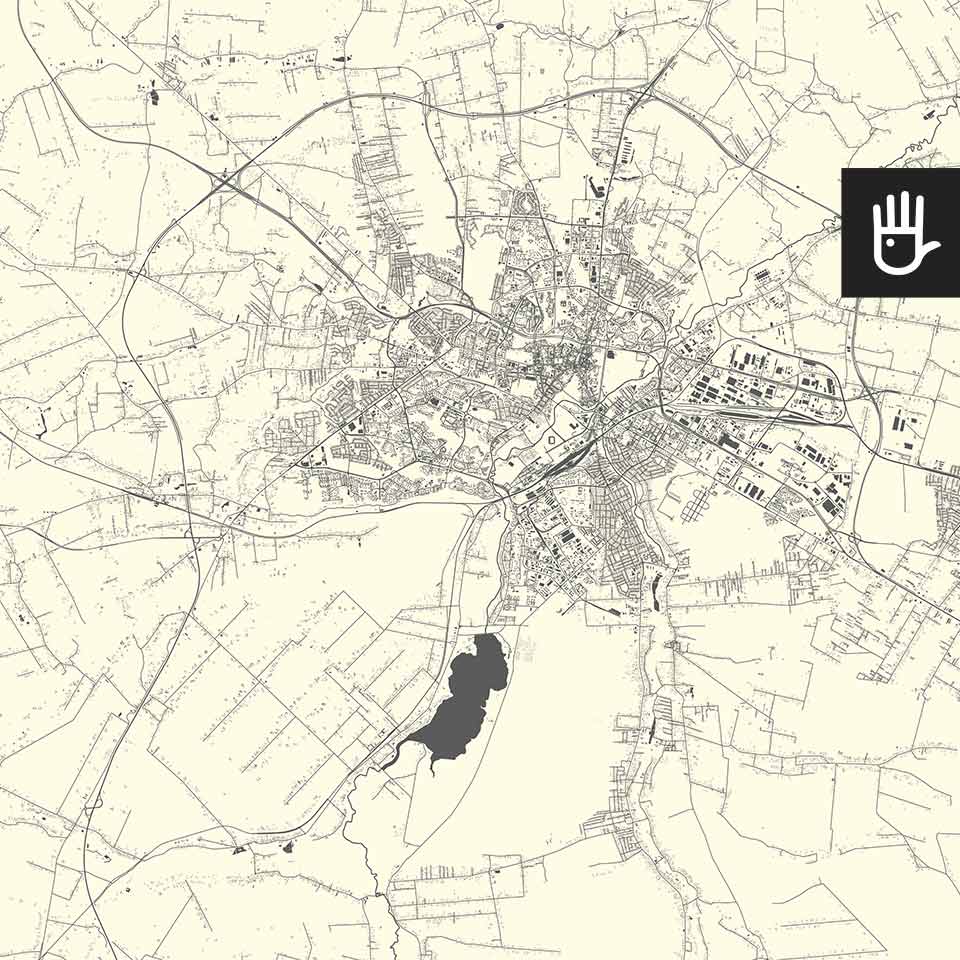 Fototapeta mapa lublina na beżowym tle z zaznaczonymi budynkami, ulicami i zbiornikami wodnymi w kolorze grafitowym