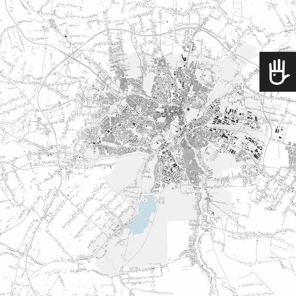 Fototapeta mapa lublina z zaznaczonymi czarnymi ulicami i budynkami oraz niebieskimi zbiornikami wodnymi