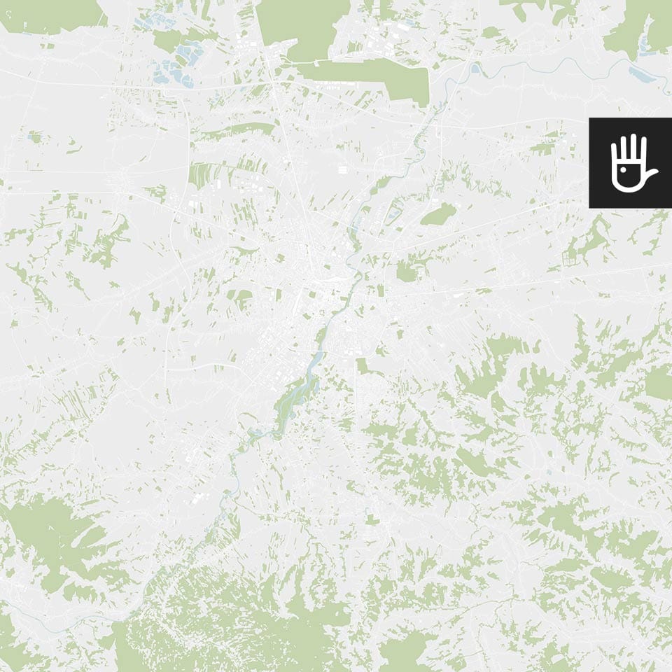 Fototapeta mapa Rzeszowa w kolorze z zaznaczonymi ulicami, terenami zielonymi i zbiornikami wodnymi