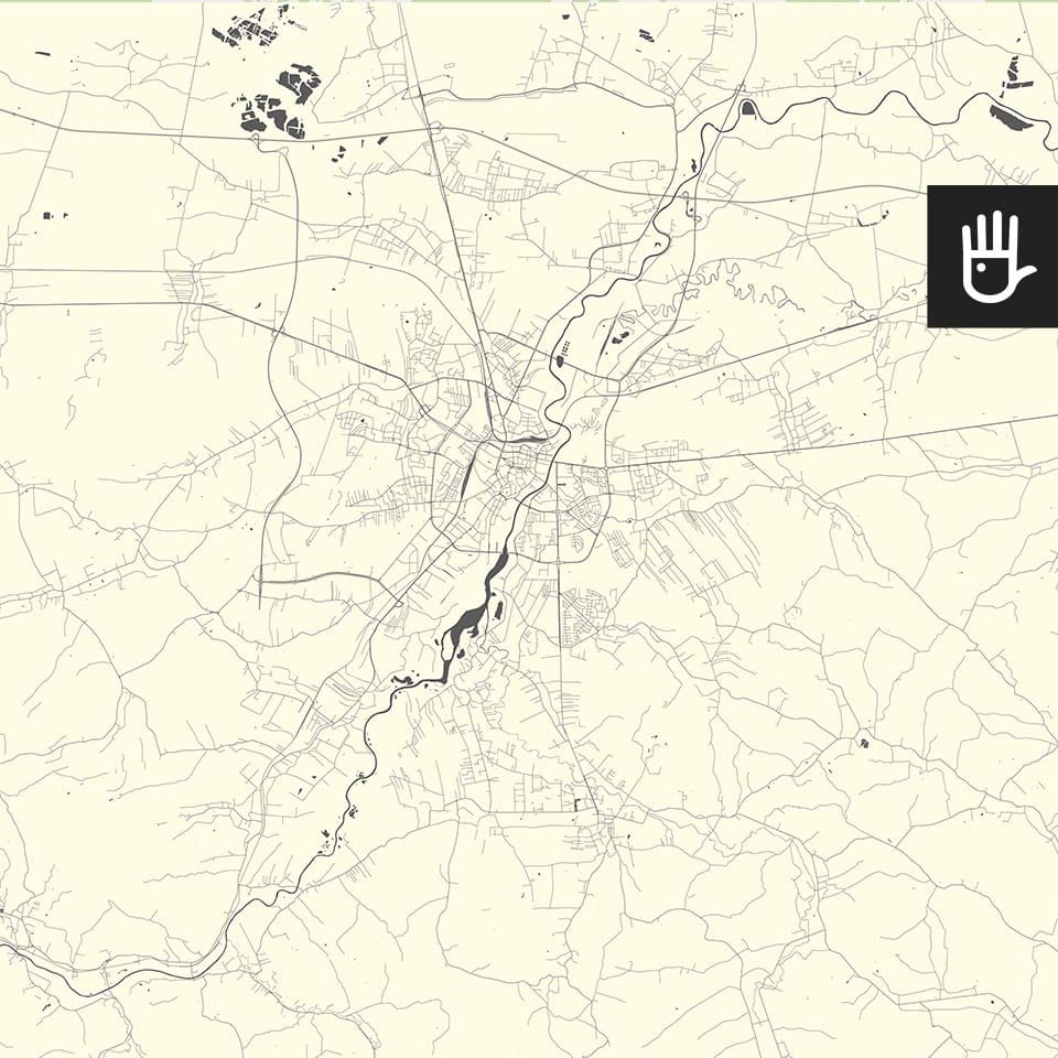Fototapeta mapa Rzeszowa na beżowym tle z zaznaczonymi ulicami i zbiornikami wodnymi w kolorze grafitowym