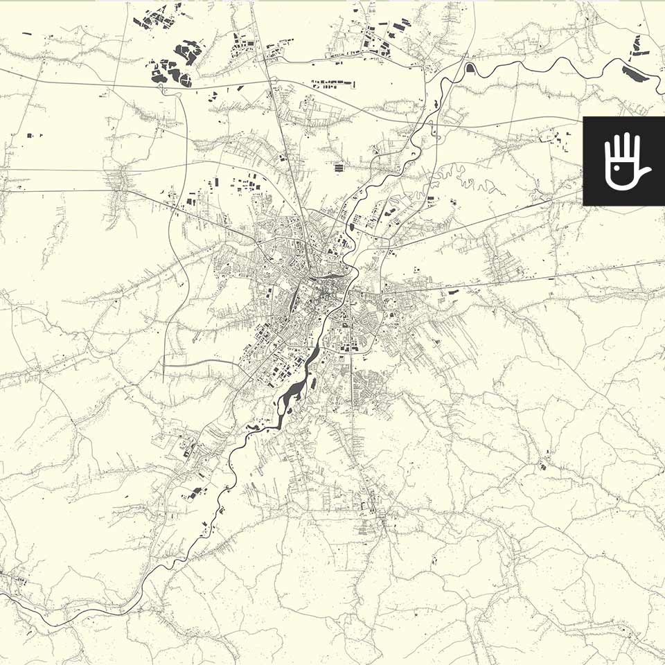 Fototapeta mapa Rzeszowa na beżowym tle z zaznaczonymi ulicami i zbiornikami wodnymi w kolorze grafitowym