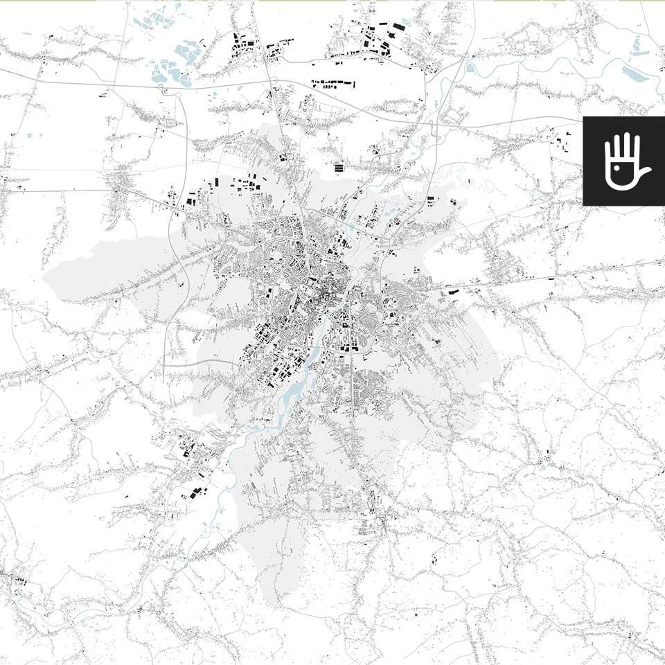Fototapeta mapa Rzeszowa z zaznaczonymi czarnymi ulicami i budynkami oraz niebieskimi zbiornikami wodnymi