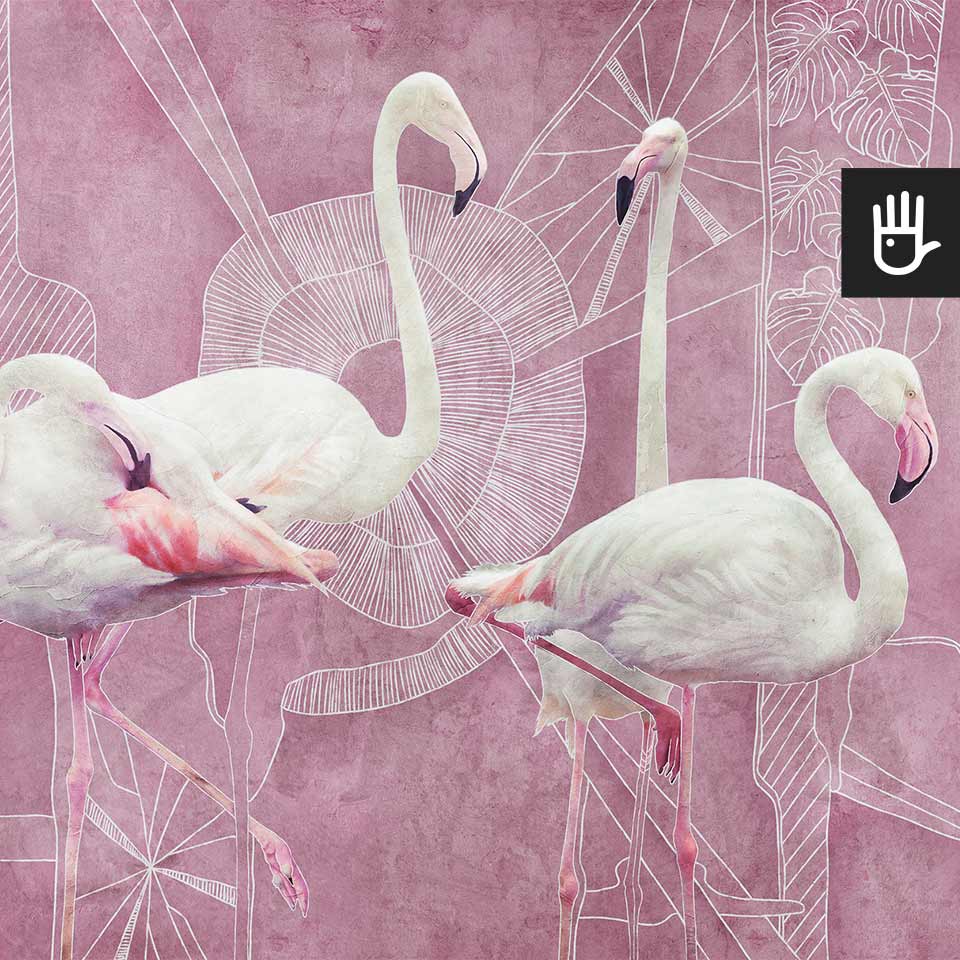 Fototapeta Różowe Flamingi ze stojącymi flamingami na abstrakcyjnym różowym tle