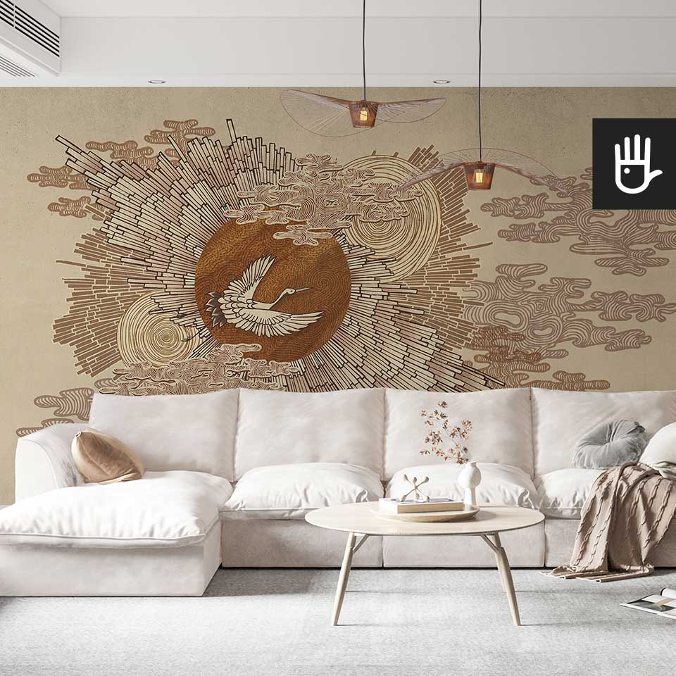 Jasny przytulny salon z dużą białą kanapą i dodatkami w stylu boho na tle fototapety japońskie beżowe słońce