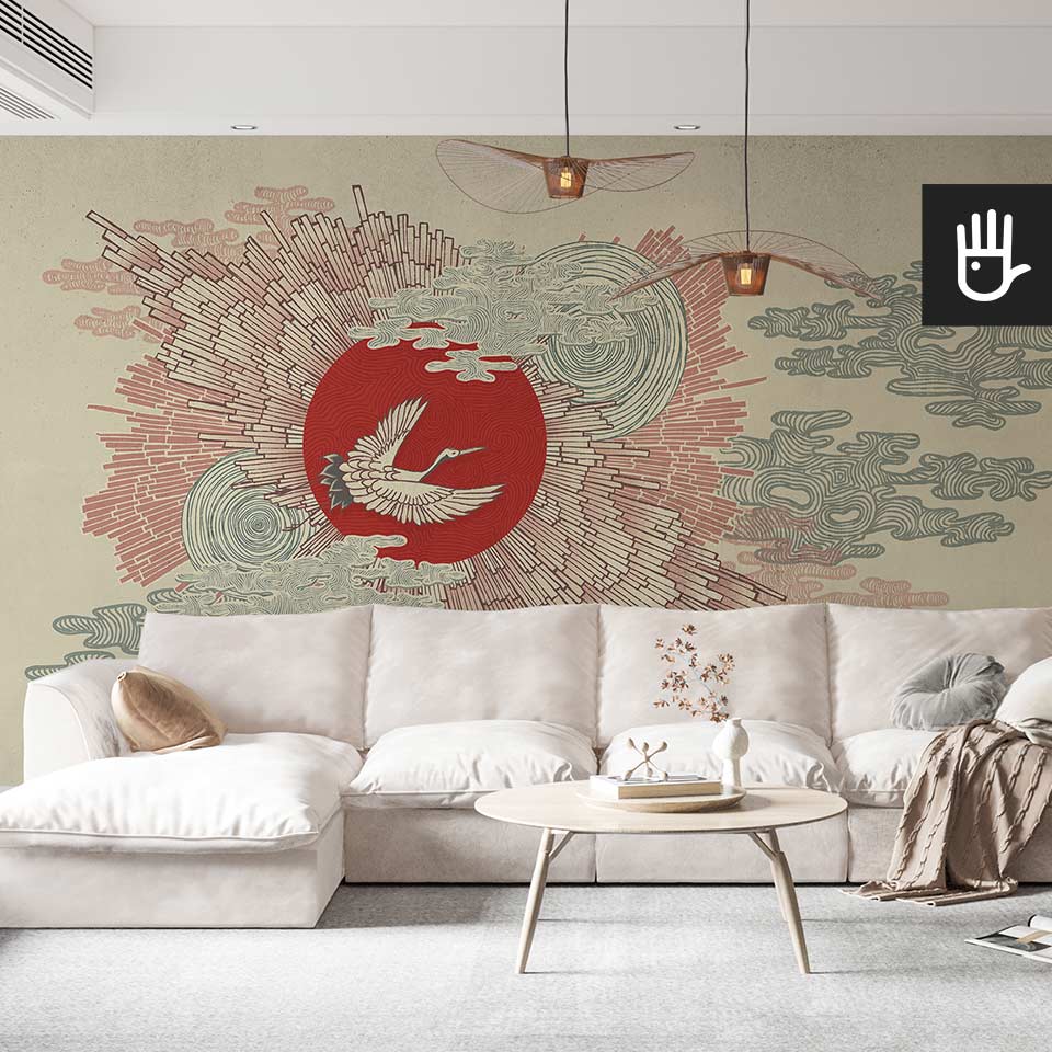 Jasny przytulny salon z dużą białą kanapą i dodatkami w stylu boho na tle fototapety japońskie słońce