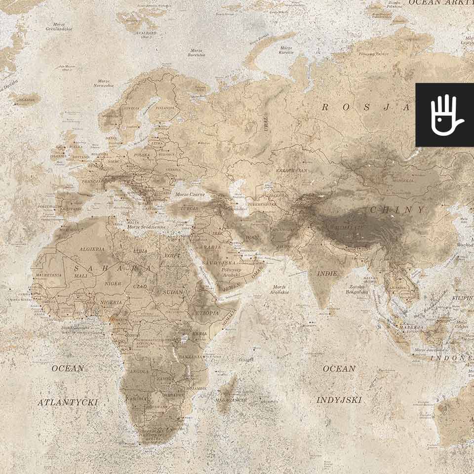 Fototapeta mapa świata z opisami ze strukturą betonu w kolorze beżowym