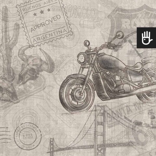 Fototapeta motocyklowe marzenie z rysunkowym motocyklem, symbolami stępli paszportwych i elementami nawiązującymi do kultury amerykańskiej