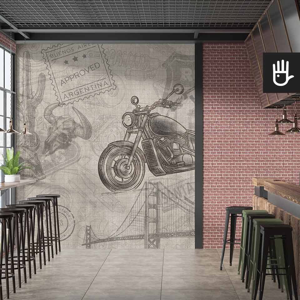 Industrialna restauracja z ceglaną ścianą i fototapetą z motocyklem w rysunkowym stylu z elementami kultury amerykańskiej