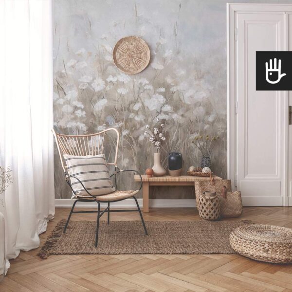 Przytulny przedpokój w stylu boho udekorowany naturalnymi materiałami w odcieniach beżu na tle fototapety wspomnienie lata